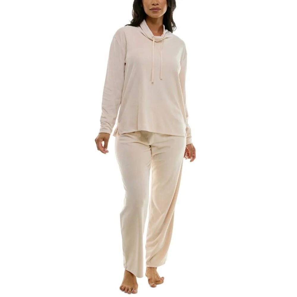 Roudelain Womens XL 2 Piece Mock Neck Long Sleeve Velour Pajama Set Beige 033